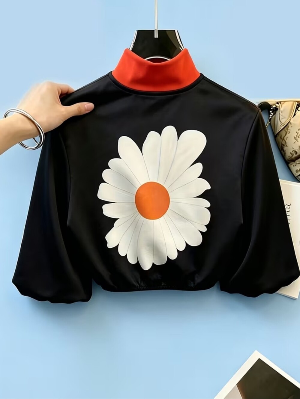 Floral Colorblock Cropped Jacket - Black, Blue & Cream - Picture 3 of 7